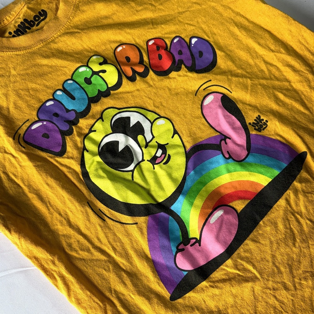 Inkboy Drugs R Bad T-Shirt Mens S Yellow Rainbow Cartoon Graphic Tee Cotton